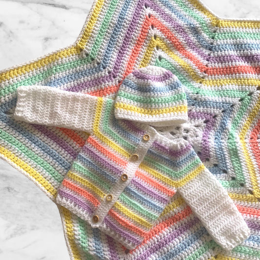 0-3 Months 3 Piece Crochet Baby Set Pastel Rainbow Set